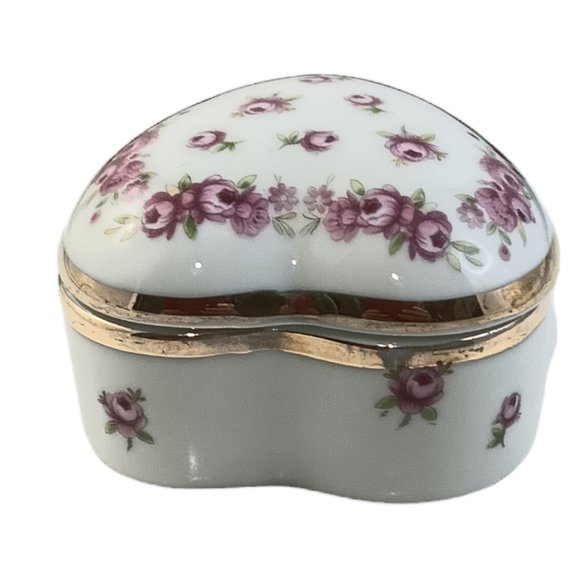 Lefton Heart Shaped Trinket Box Pink Flowers Gold Trim Jewlery Box - Picture 8 of 10